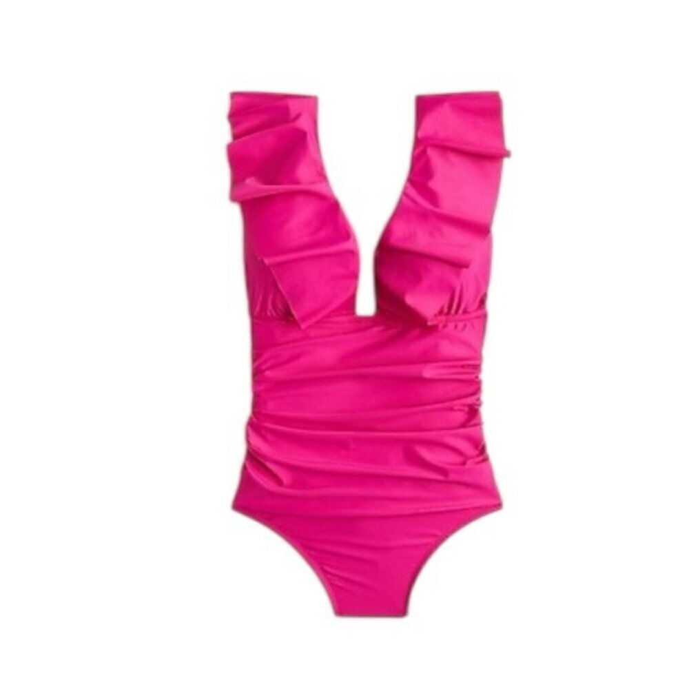 🌻NEW w.tag J. Crew Fuschia Ruched Ruffle One-Piece Swimsuit Size 16